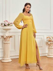 SHEIN Belle Bridesmaid Dress With Sweetheart Neckline, Sheer Lantern Sleeve, Split Hem