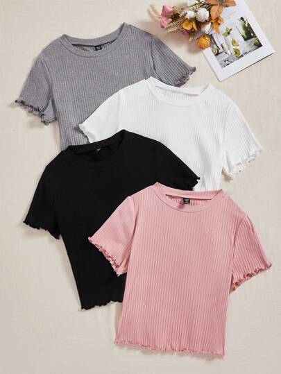 Comfortcana 4pcs Solid Color Knitted Short Sleeve T-shirts