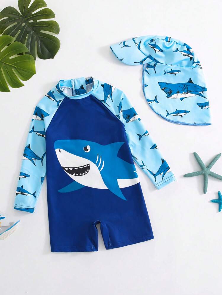 2pcs/Set Young Boys' Casual And Comfy One-Piece Shark Printed Swimwear With Matching Swim Cap, Ideal For Spring And Summer Vacation