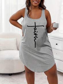 SHEIN EZwear Kích thước lớn Của phụ nữ Lá thư In Không tay Váy ba lỗ - Xám - Xem 6
