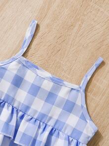 SHEIN Young Girl Countryside Style Blue & White Plaid Ruffled Strap Top With Shorts 2pcs Set Suitable For Summer - Multicolor - View 8