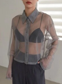 Dazy Designer Women's See-Through Long Sleeve Top With Collar And Unique Design - Grey - View 6