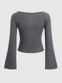 ROMWE Fairycore Heart Print Flounce Sleeve Tee - Grey - View 2