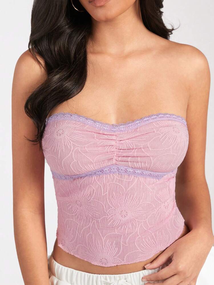 Ladies' Purple Lace & Pink Jacquard Sweetheart Neckline Top, Perfect For Dating