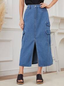 SHEIN X SAMADHI SHEIN LUNE Summer Casual Flap Pocket Slit Front Denim Skirt