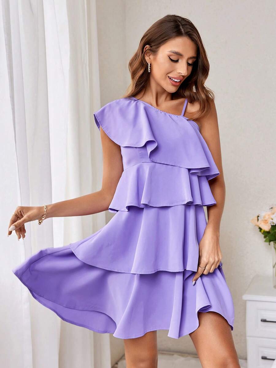 SHEIN Privé 母女搭配浪漫分層荷葉邊蛋糕連身裙,帶有單肩帶,適合母親節 - 紫色 - 查看 1