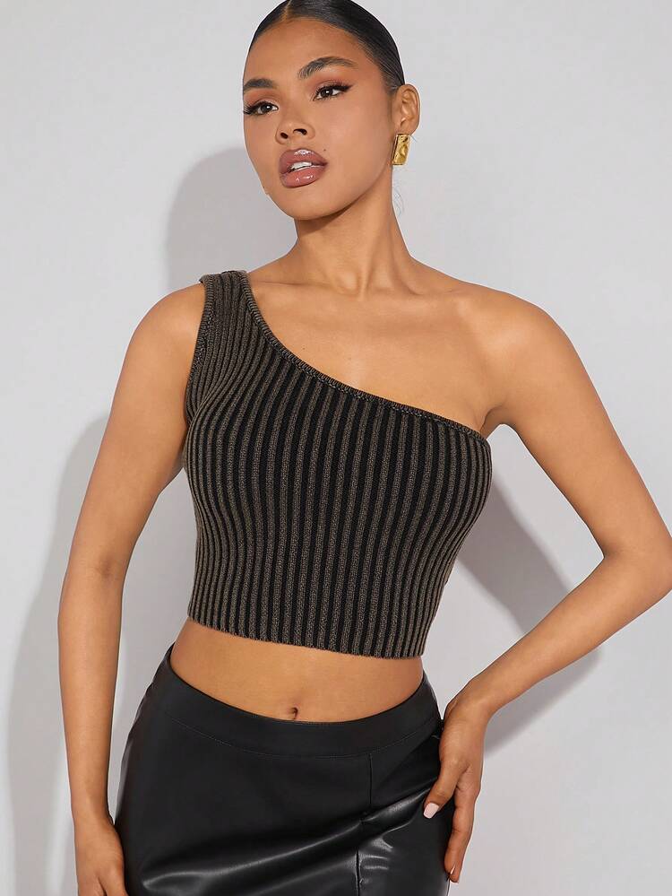 One Shoulder Lace Up Ribbed Knit Top