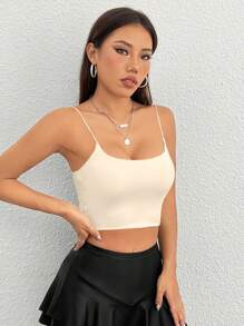 SHEIN PETITE Women's Solid Colored Cropped Cami Top With Spaghetti Straps - Apricot - View 5