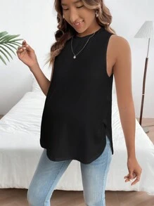 SHEIN Maternity Solid Color Arc Hem Tank Top - Black - View 5