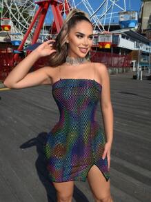 SHEIN SXY 彩色吊带开衩紧身连衣裙 音乐节 西方服饰 女士节日服装 夜光霓虹连衣裙 - 黑色 - 查看 5