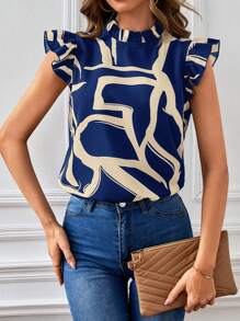 SHEIN Privé Women's Stand Collar Flutter Sleeve Shirt With Frill Edges & Pattern Print - Navy Blue - View 2