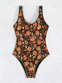 SHEIN Swim Floral Printed Round Neck Slim Fit One-Piece Swimsuit For Swimming, Vacation, Summer Beach - Multicolor - View 5