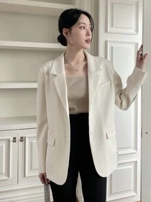 Áo khoác nữ phong cách công sở giản dị màu trơn dáng rộng tay dài dây rộng có túi cài ve áo, quần áo mùa thu - Màu be - Xem 4