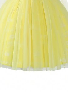 SHEIN Glamorique Kids Young Girl Colorblock Mesh Princess Dress With Bubble Sleeves Summer Holiday