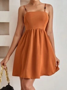 GENKIRA Waist Cinching Pleated Casual Cami Dress - Camel - View 3