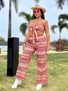 Flirla Plus Size Women's Wave Stripe Print Tie Front Halter Neck Tank Top And High Waisted Wide Leg Pants Set - Multicolor - View 4