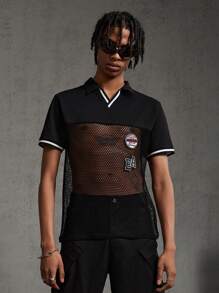 Manfinity VCAY Men's Knitted Casual Polo Shirt With Mesh & Badge Detail