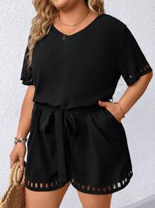 SHEIN LUNE Plus Size Round Neck Solid Color Hollow Out Cinching Waist Jumpsuit - Black - View 1