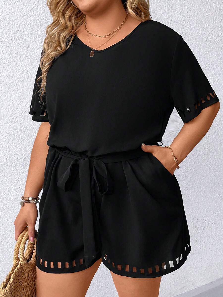 SHEIN LUNE Plus Size Round Neck Solid Color Hollow Out Cinching Waist Jumpsuit - Black - View 1