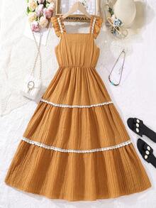 少女休闲别致荷叶边褶皱多层 A 字裙，荷叶边和短袖，适合度假、聚会、日常外出和与朋友聚会 - 摩卡棕 - 查看 2