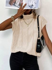 SHEIN LUNE Women's Turtle Neck Solid Color Sweater Vest - Apricot - View 7