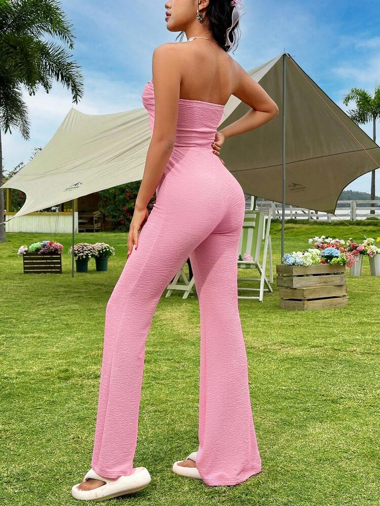 Solid Color Hollow Out Twist Front Strapless Jumpsuit