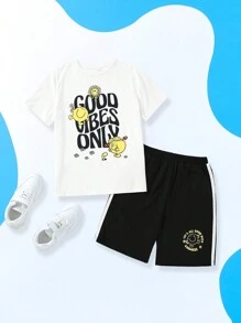 Mr Men Little Miss X SHEIN Tween Boy Cartoon & Letter Graphic Set - Black and White - View 1