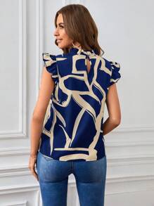 SHEIN Privé Women's Stand Collar Flutter Sleeve Shirt With Frill Edges & Pattern Print - Navy Blue - View 3