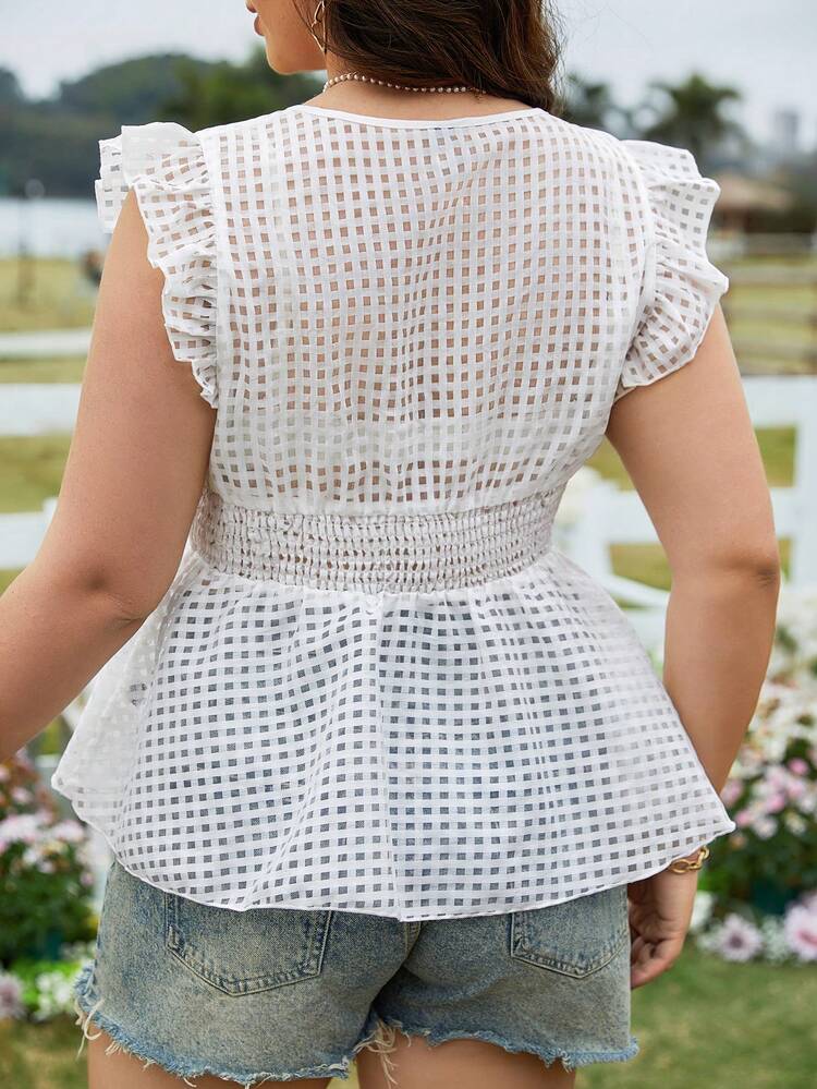 Plus V-Neck Ruffle Armhole Shirred Waist Peplum Top