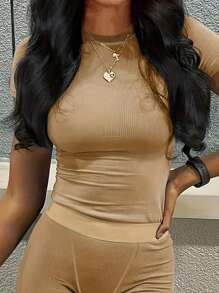 SHEIN Solid Color Ribbed Slim Fit Short Sleeve Top And Shorts Set - Khaki - View 3