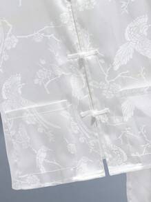 SHEIN Tween Boys' Loose Fit Casual Stand Collar Jacquard Shirt And Shorts Set, Hanfu Style - Green - View 3