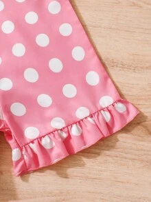 SHEIN Bộ áo liền quần xếp nếp in họa tiết chấm bi cho cô gái trẻ với thiết kế trễ vai - Hồng - Xem 4