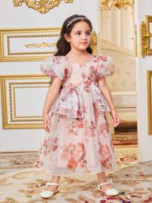 SHEIN Vestido con cuello en forma de corazón encantador con estampado floral y mangas abullonadas para niñas jóvenes