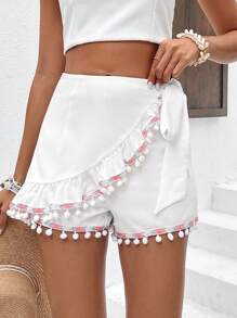Breezaya Patchwork Woven Belt Ball Decoration Fringed Hem Knotted Shorts - White - View 3