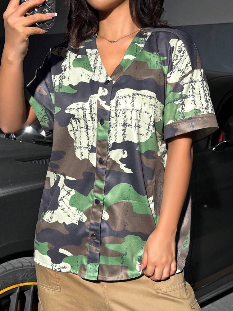 Camouflage Printed Buttoned Short Sleeve Jacket