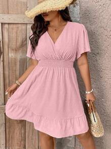 Celure 大尺碼純色V領束腰連衣裙 - 粉色 - 查看 4