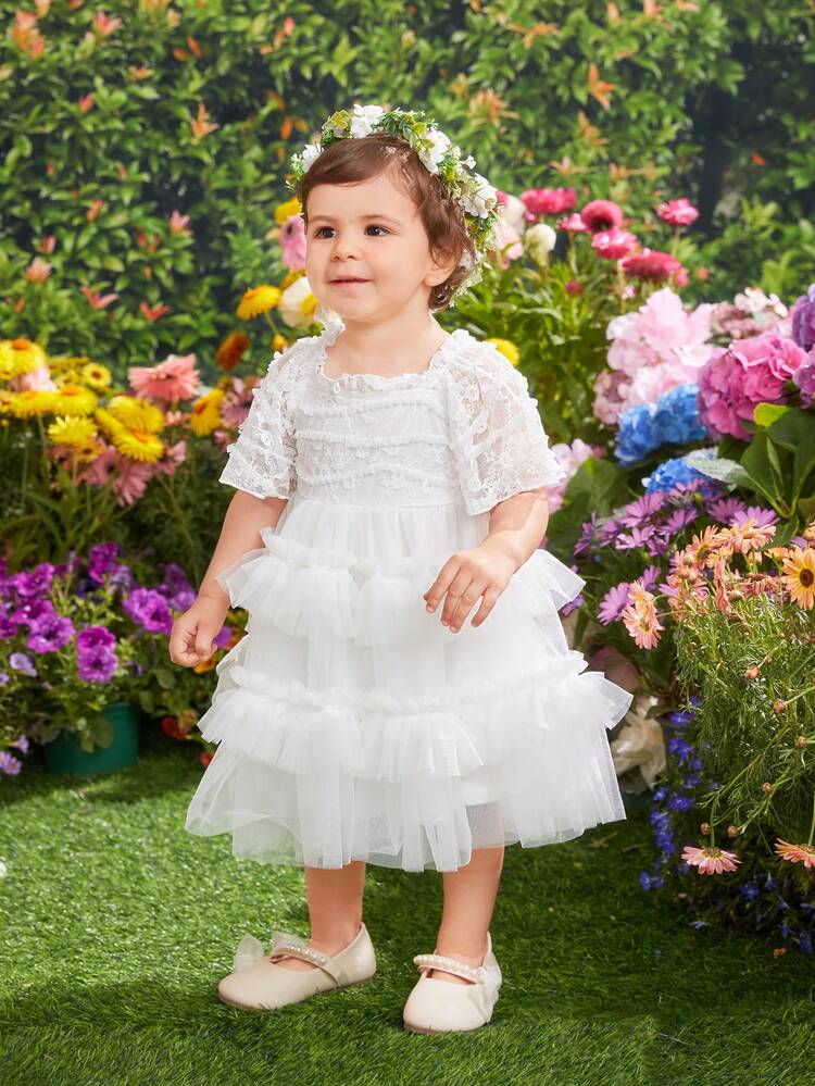 Baby Girl's Cute Lace & Mesh Contrast Ruffle Trim Short Sleeve Dress