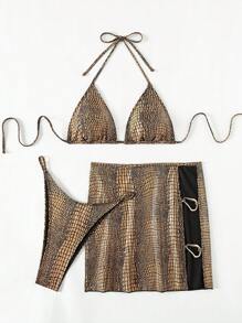 SHEIN Swim 3pcs Crocodile Print Halter Neck Bikini Set Summer Beach