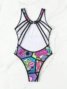 Swim EVENT 1pc Women's Letter Print Open Back Sleeveless One Piece Swimsuit, Casual Style Summer