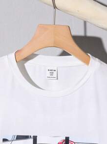 SHEIN Tween Boy Loose Fit Casual Car Pattern Knitted Short Sleeve T-Shirt And Pants Set - White - View 4