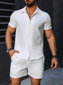 Manfinity Homme Conjunto De Camisa De Manga Corta Y Pantalon Corto De Color Sólido Para Hombre - Blanco - Ver 6