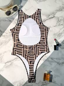 Swim SXY 女士几何印花露背连体泳衣，随机印花 - 彩色 - 查看 5