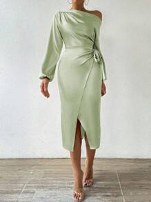 Chiquease Của phụ nữ Bất đối xứng Đường viền cổ áo Xếp li Mặt trước Viền mép Đầm Midi - màu xanh lá - Xem 1