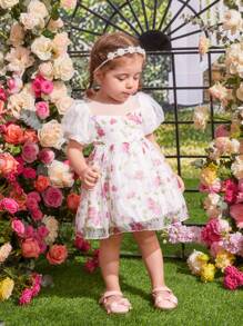 Baby Girl Elegant Floral Mesh Bubble Sleeve Princess Style Dress