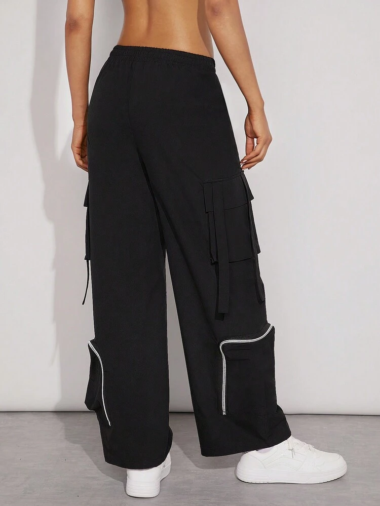 Contrast Zip Drawstring Wide Leg Casual Cargo Pants
