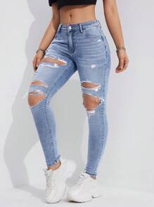 Flexra Của phụ nữ Gầy Quần jean rách - Màu xanh lam - Xem 2
