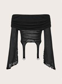 SHEIN ICON Áo trễ vai lưới bất đối xứng tương phản dành cho nữ có viền bất đối xứng - màu đen - Xem 3