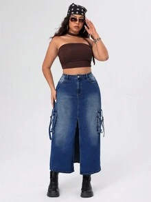SHEIN ICON Kích thước lớn Của phụ nữ Váy Denim Với túi , Viền mép Và Trang phục làm việc Thiết kế - Rửa tối - Xem 4