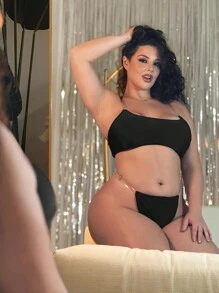 SHEIN Swim Curve Summer Beach Plus Size Women's Thong Bikini Set - Black - View 3