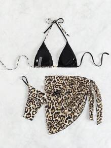SHEIN Swim Summer Patchwork Leopard Print Halterneck Bikini Set - Multicolor - View 6